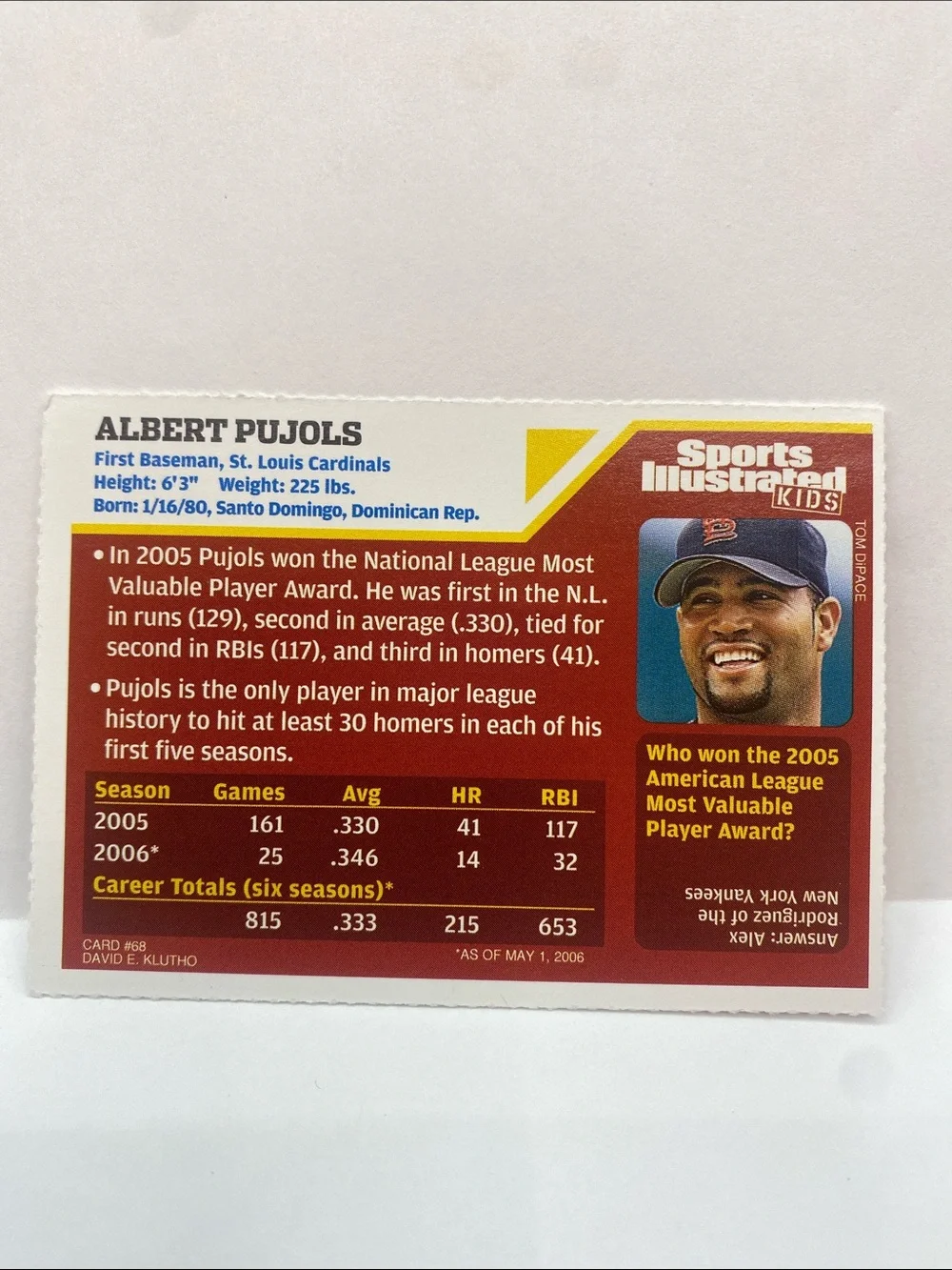 2006 Sports Illustrated for Kids Albert Pujols Cardinals Series 4 #68 (005)